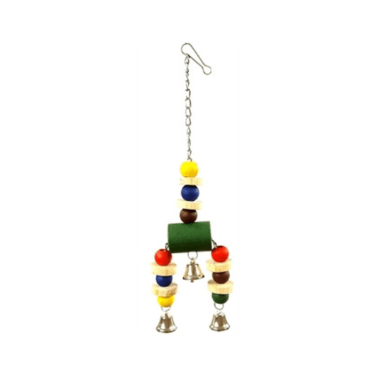 Happy pet vogelspeelgoed jingler hout 35x8x3 cm colorful wooden bird toy with bells and beads for all bird sizes.