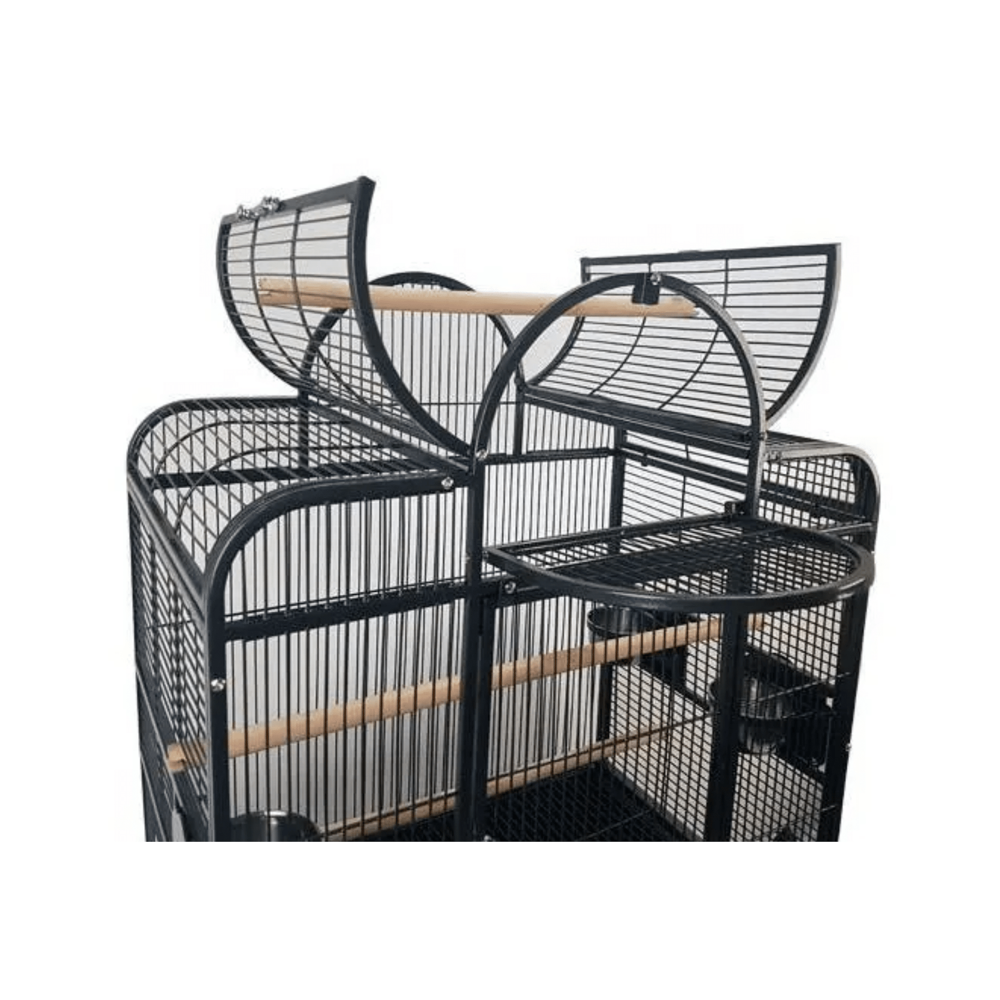 Strong parkietenkooi Bianca bird cage with open top, wooden perches, stainless steel feeders, and sturdy black frame.