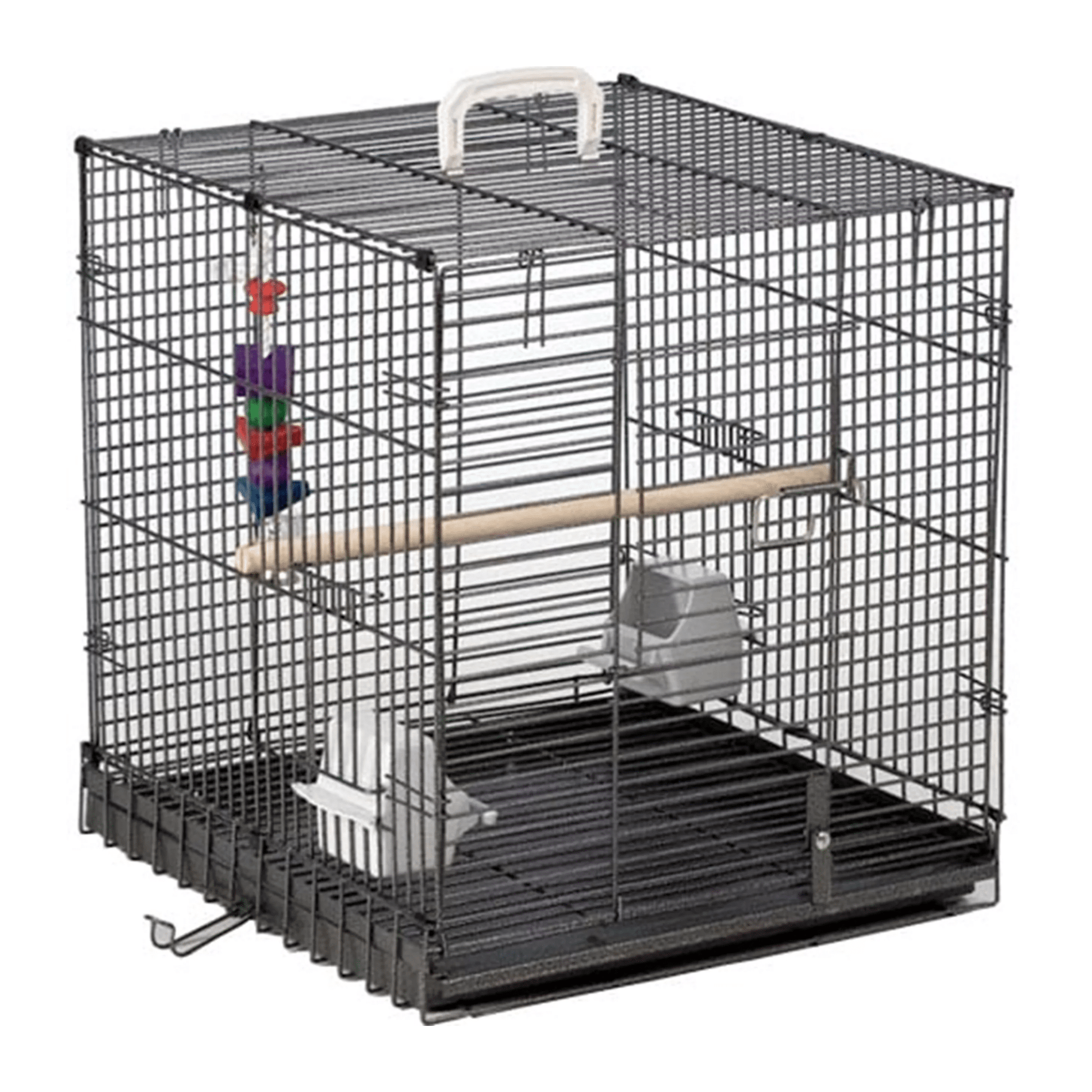 Strong Transportkooi Traveler bird transport cage with handle, wooden perch, feeders, and secure metal design.