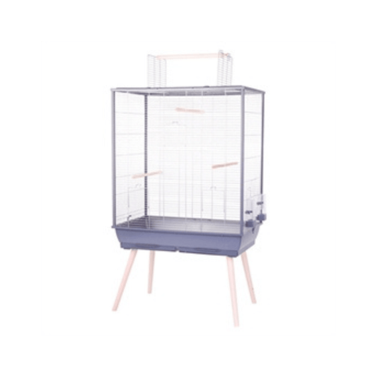 Zolux vogelkooi neolife grijs 81x48x152 cm birdcage with sturdy legs, perches, feeders, and openable top for budgies.