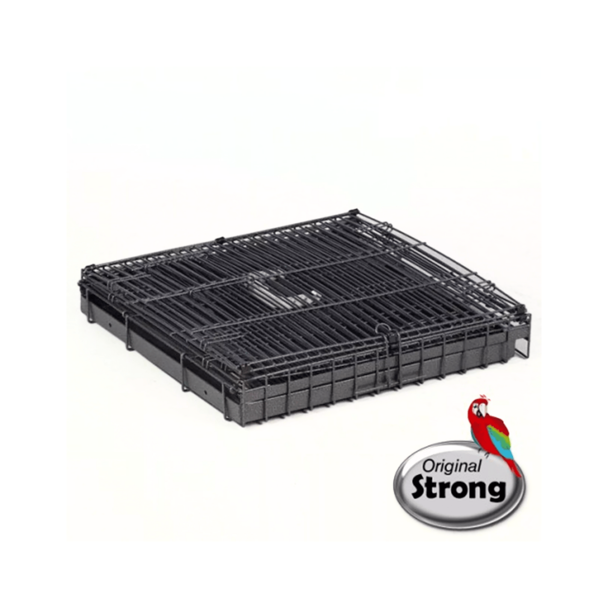 Folded black metal bird transport cage with handle, labeled Strong Transportkooi Traveler for safe travel.