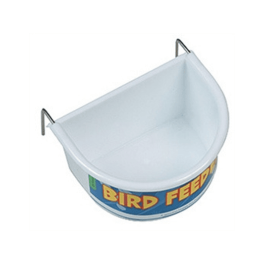 Happy pet voerbak half rond wit large bird feeder bowl 11.5x8.5x6.5 cm with hook for easy cage hanging.