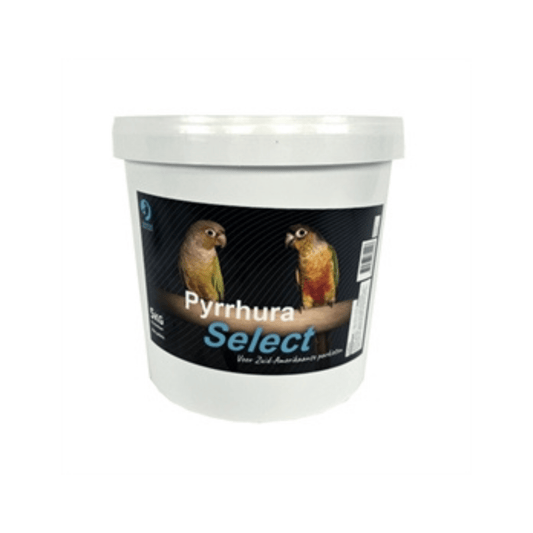 Hareco pyrrhura select met pellets 5 kg bucket with nutritious seed, pellet, herb, and fruit mix for Pyrrhura birds.