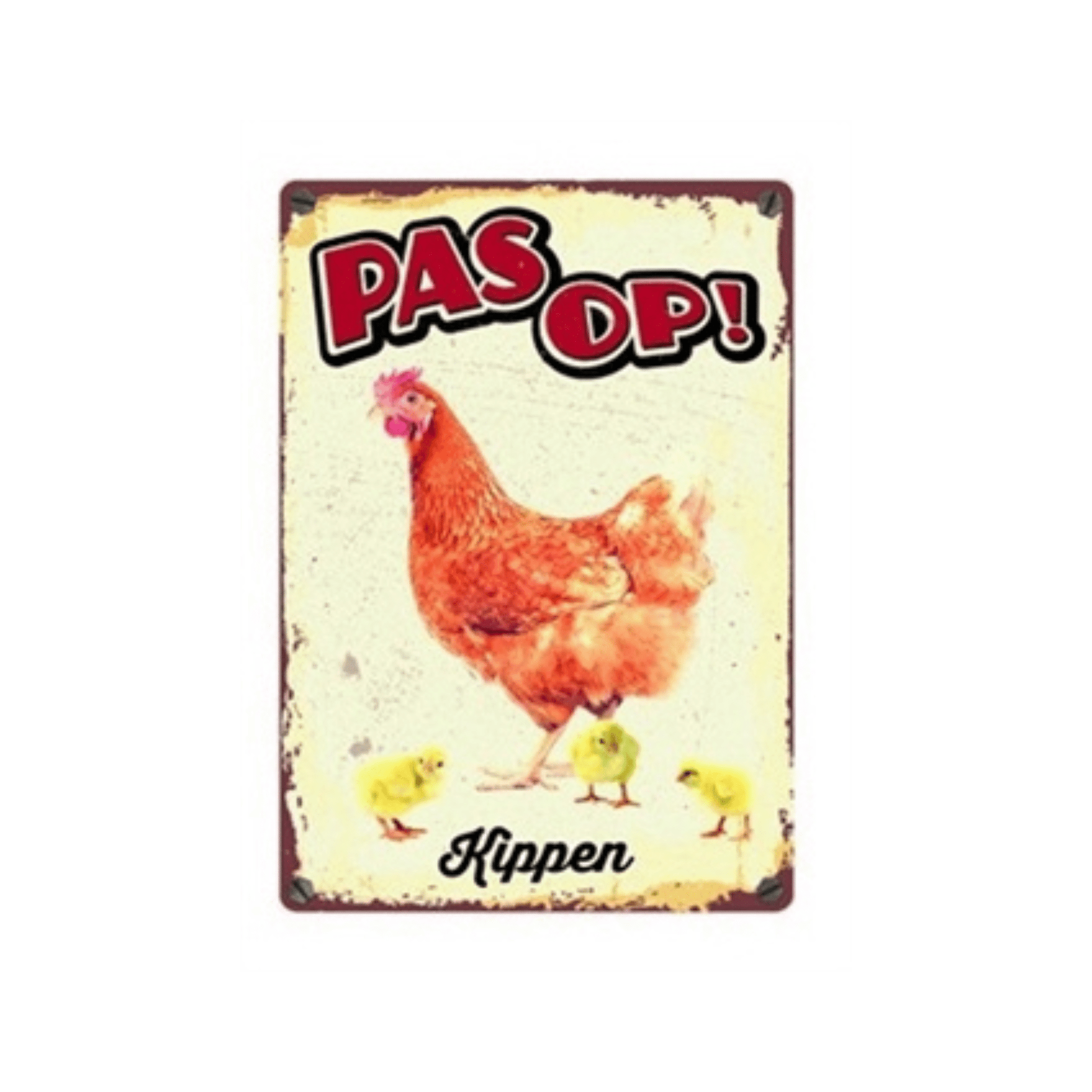 Plenty gifts waakbord blik kippen 15x21 cm with a vintage chicken and chicks warning sign saying Pas Op.