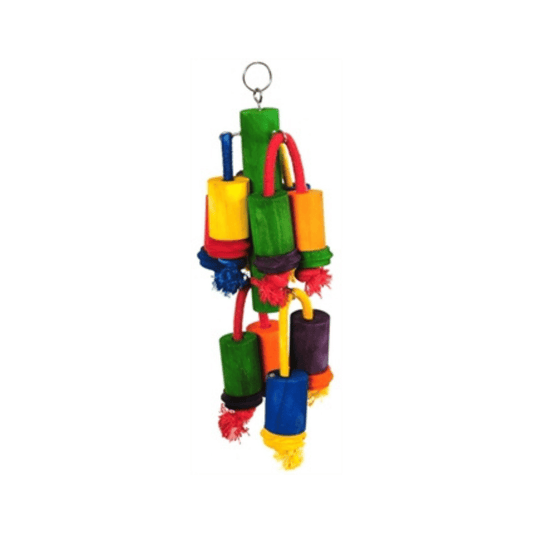 Happy pet playtime multiwood 45x12x12 cm colorful splinter-free wooden bird toy with metal clip for cage attachment.