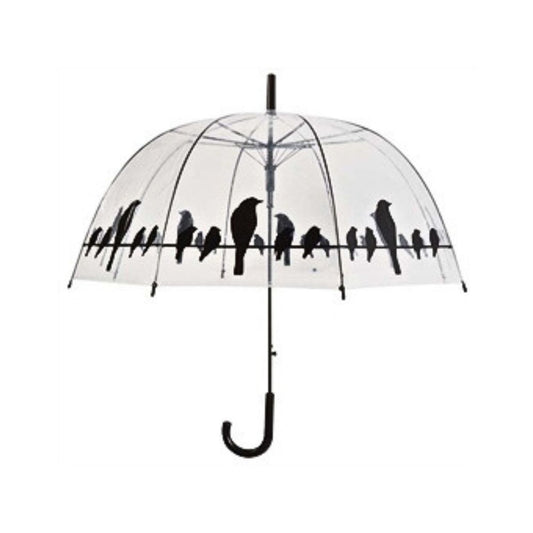 Paraplu vogels op draad transparent umbrella with black bird silhouettes on a wire and curved black handle.
