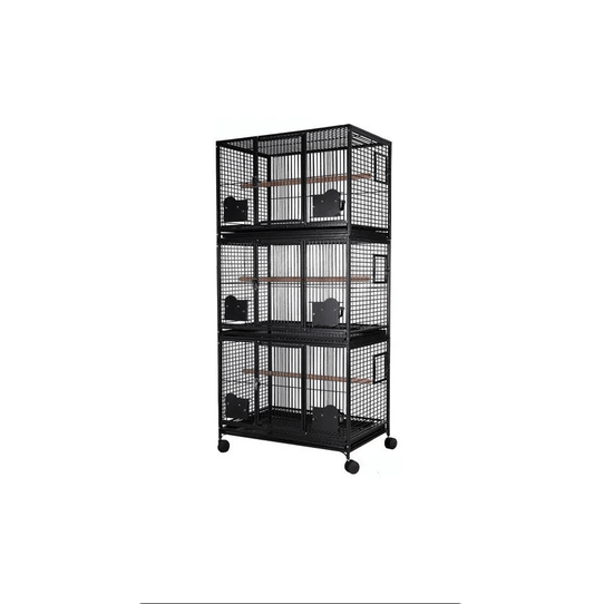Strong papegaaienkooi flight cage Triple with three levels, wheels, perches, removable trays, and breeding doors in antique gray.