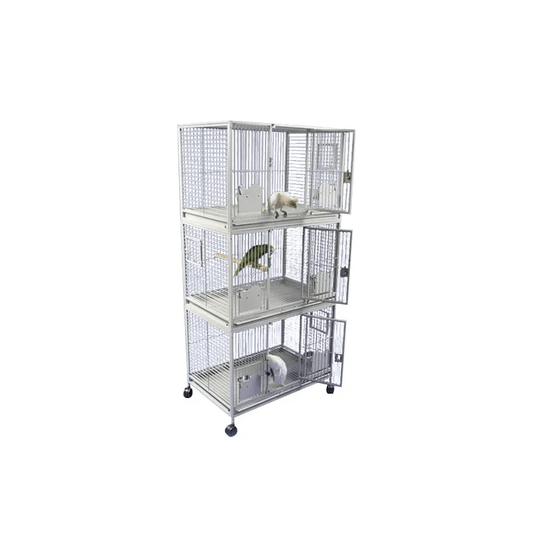 Strong papegaaienkooi flight cage Triple - wit with three levels, removable trays, perches, and large access doors.